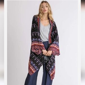 Umgee Dakota Black and Purple Patterned Kimono Duster Boho Western M/L